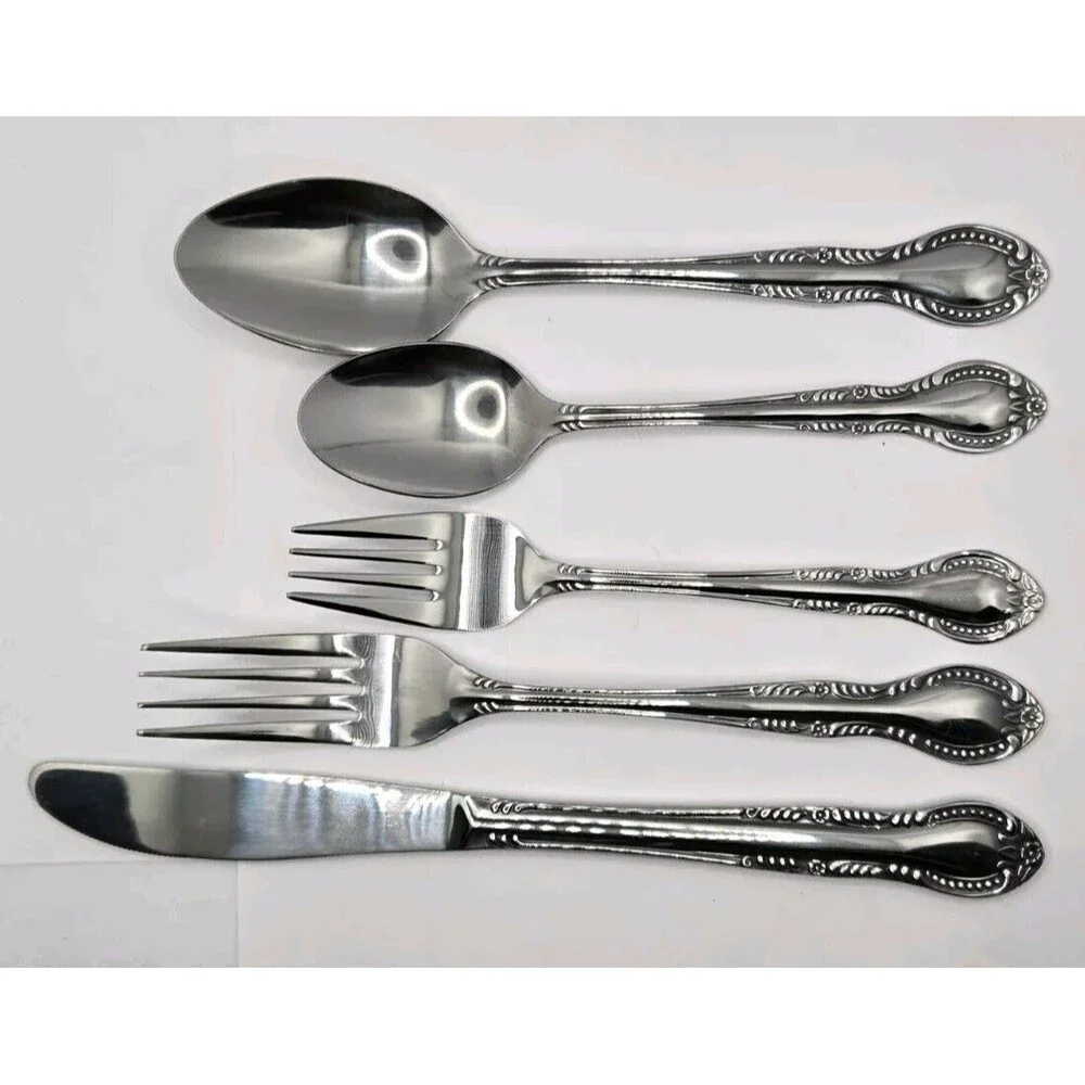Vintage Stainless Flatware Spoon Knife Fork Columbia Japan Beaded Edge Set of 4